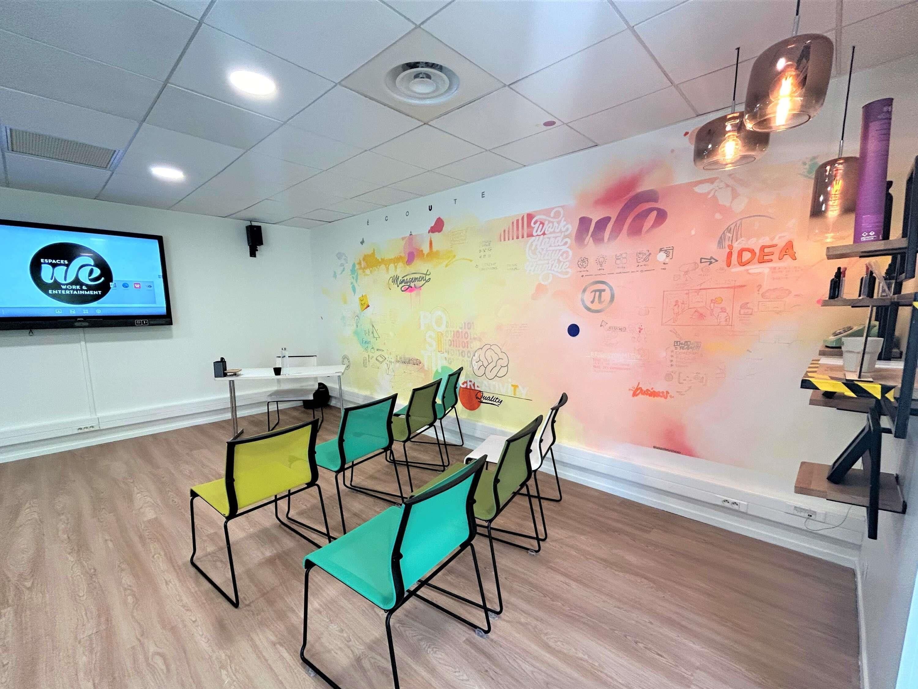 A conference room with a large wall mural, a flat-screen TV, and a whiteboard.