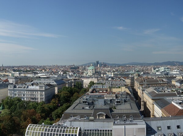 A panoramic view of a cityscape with historic architecture, including a prominent green dome building and a variety of residential and commercial buildings.