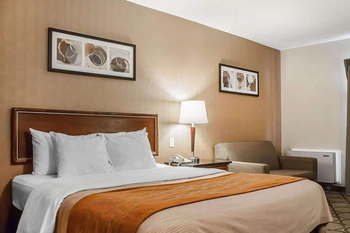 A hotel room with a bed, a chair, a lamp, and two framed pictures on the wall.