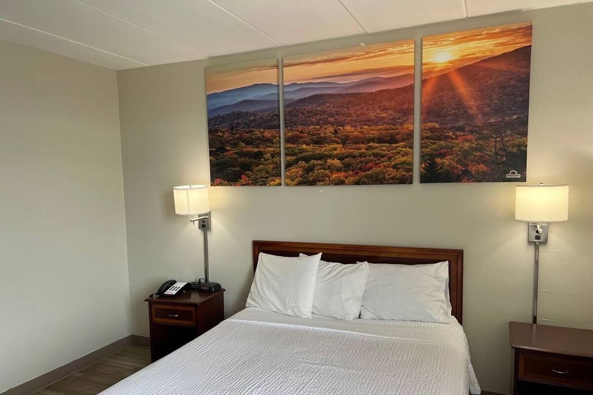A hotel room with a large bed, two bedside tables, a nightstand, and a wall-mounted painting of a landscape.