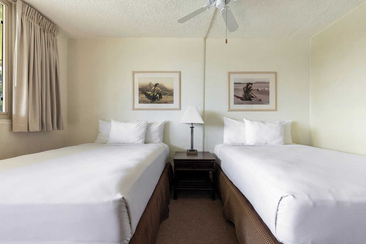 Room, 2 Double Beds, Poolside | Desk, laptop workspace, blackout curtains