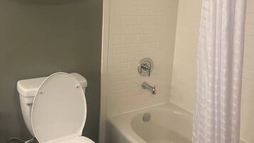 A bathroom with a toilet, a shower with a glass door, and a bathtub.