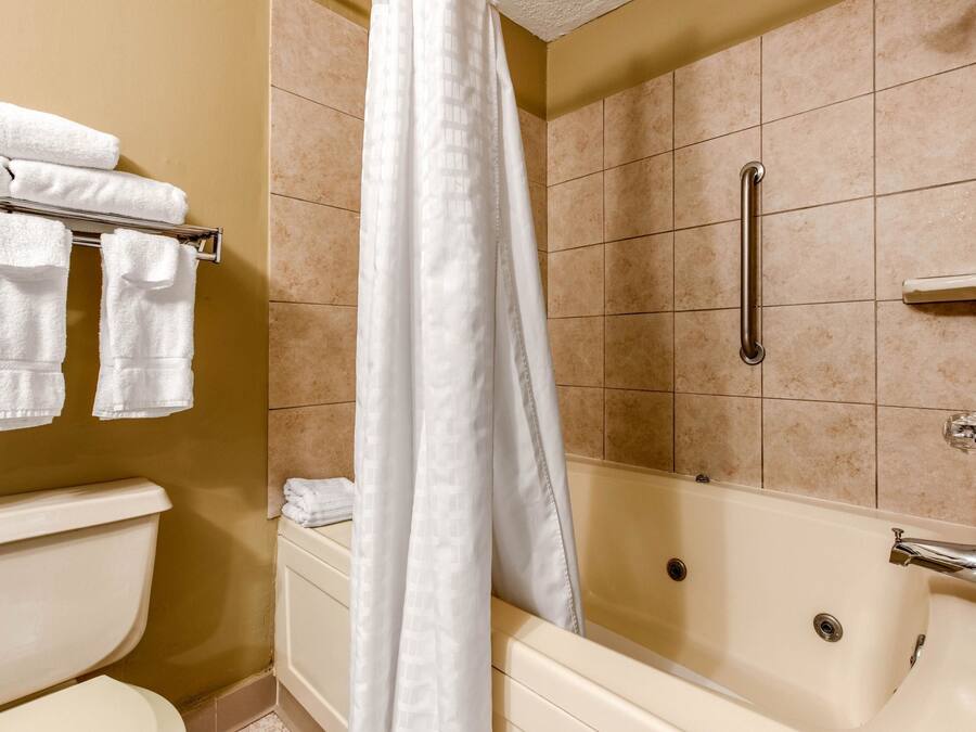 A bathroom with a bathtub, a toilet, and a shower curtain.