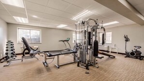 A gym with various exercise equipment, a treadmill, and a stationary bike.