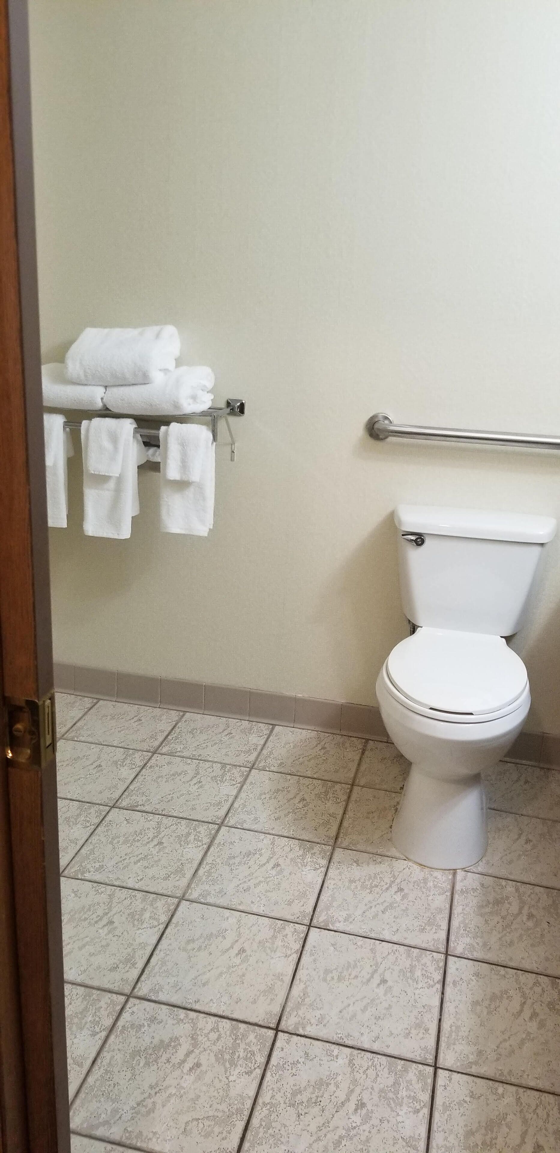 A bathroom with a toilet, a towel rack with folded towels, and a grab bar.