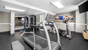 A gym with treadmills, weight machines, and a TV on the wall.
