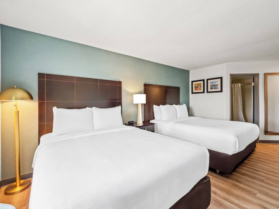 Una habitación de hotel con dos camas, una mesita de noche, una lámpara, un espejo y una puerta.