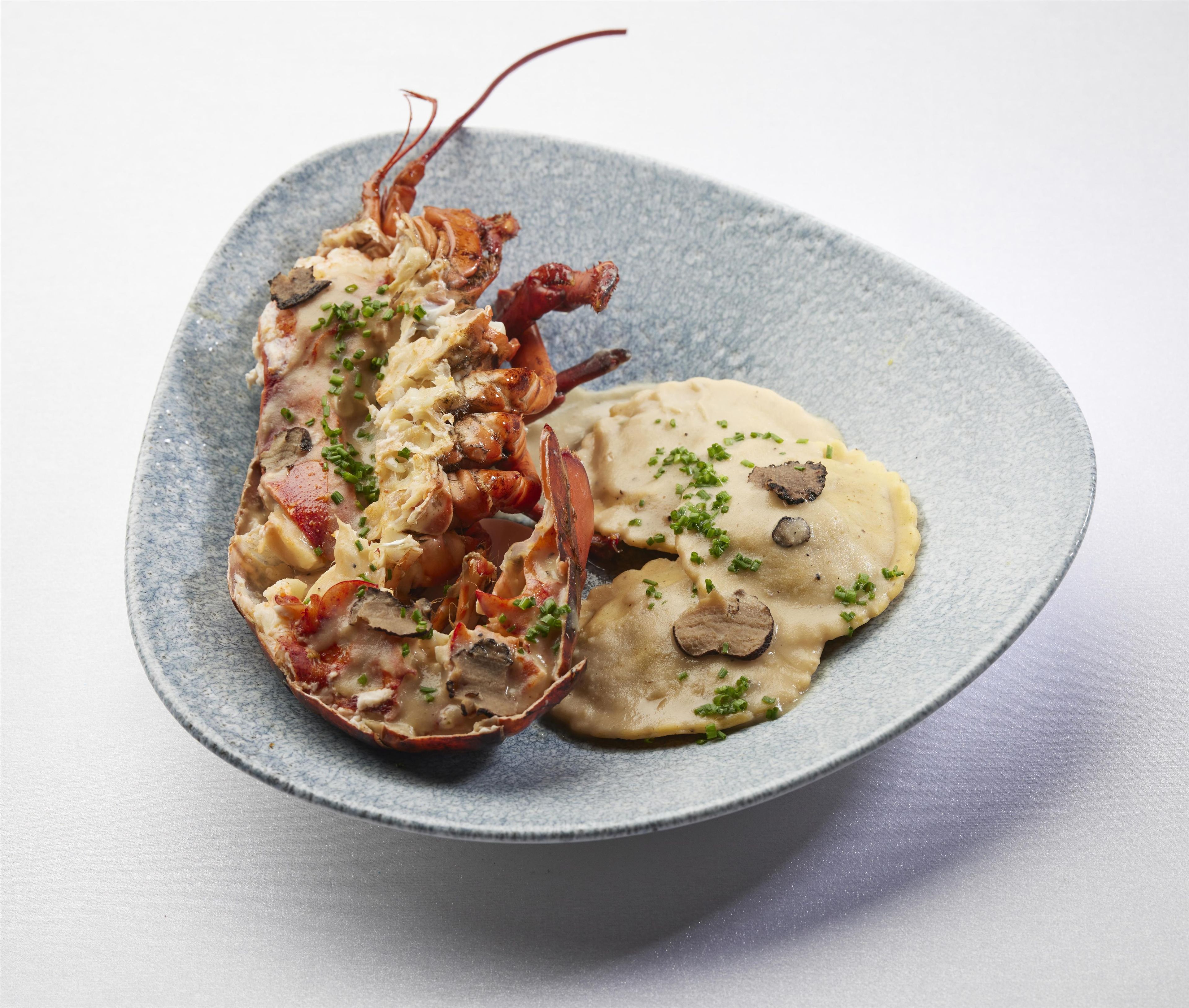 A plate with a lobster and a mushroom dish.