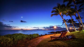 A nighttime beach scene with a pathway, lounge chairs, and palm trees.