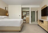 A hotel room with a bed, a TV, a wardrobe, and a bathroom.