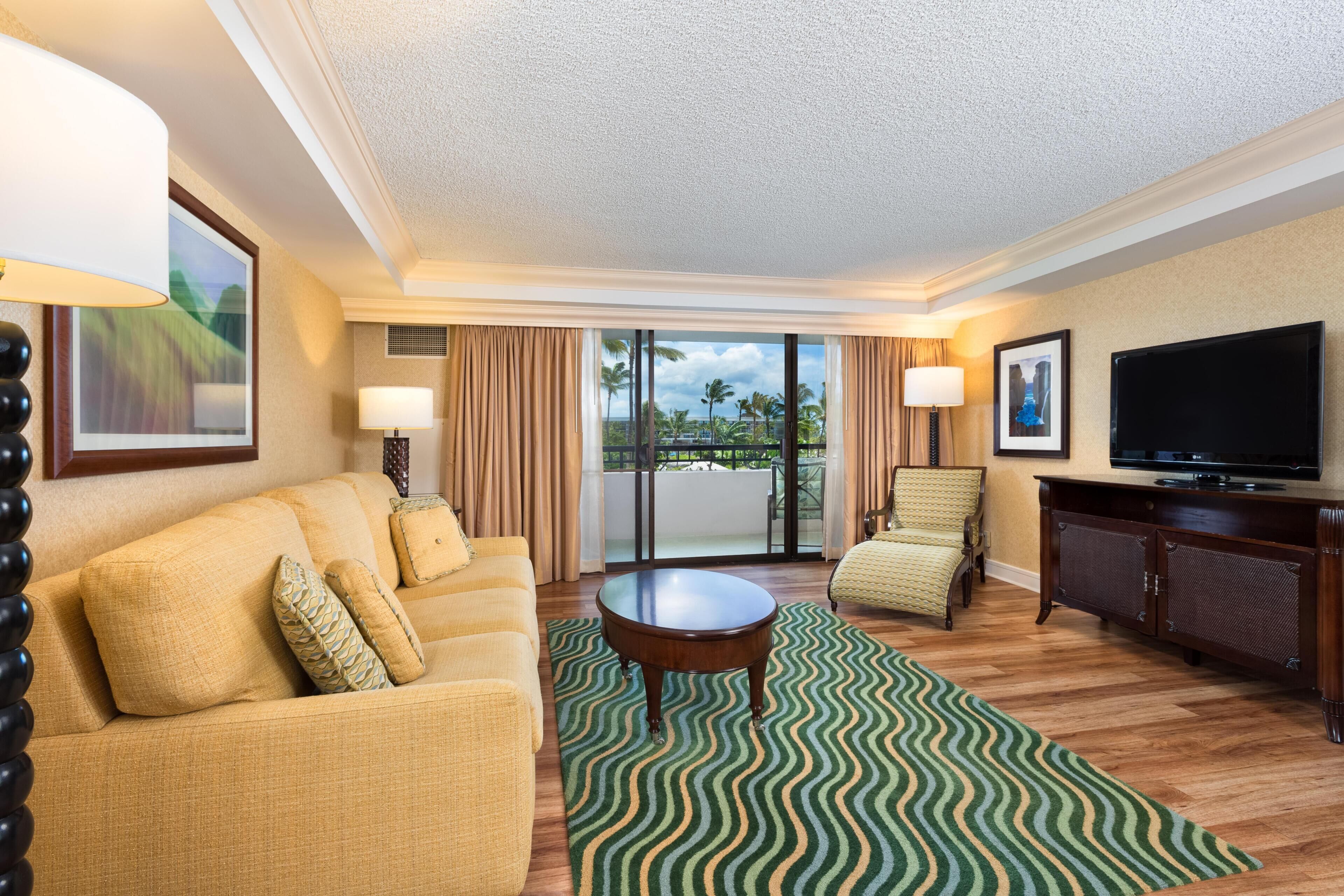 Makai One Bedroom Suite, 2 Queen Beds, Ocean View | Living area | Flat-screen TV, DVD player, pay movies, MP3 dock