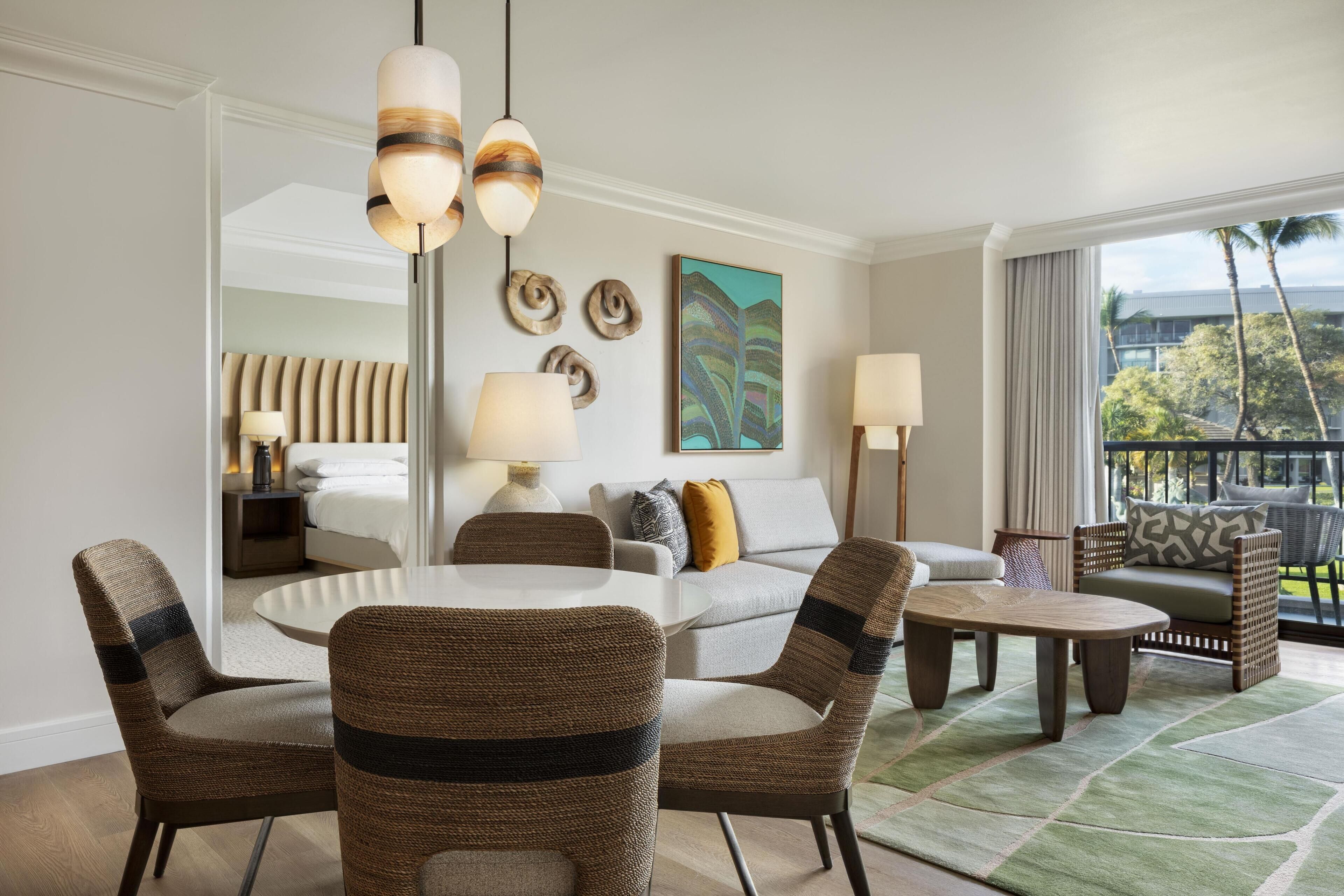 Flat-screen TV, DVD player, pay movies, MP3 dock