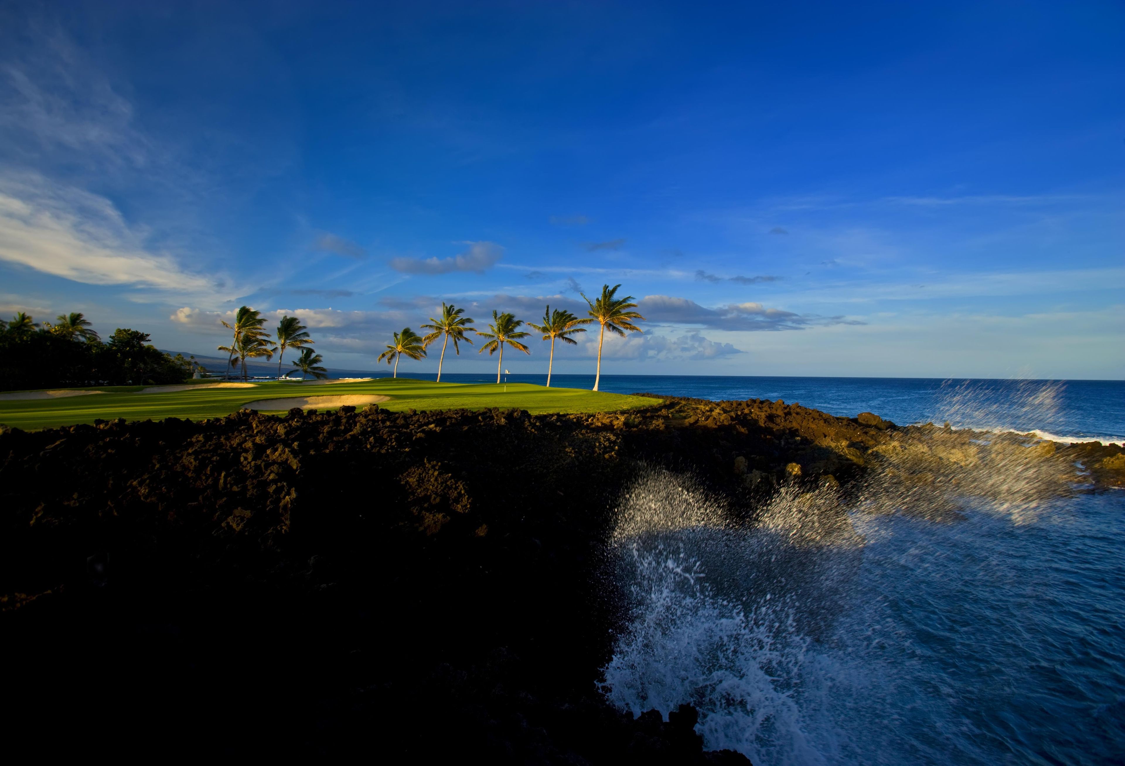 Un paisaje costero con un campo de golf, palmeras y una costa rocosa.