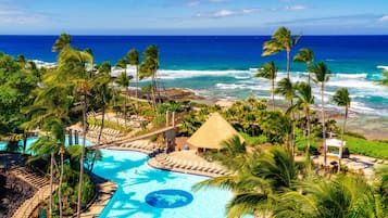 A resort with a swimming pool, palm trees, and a view of the ocean.