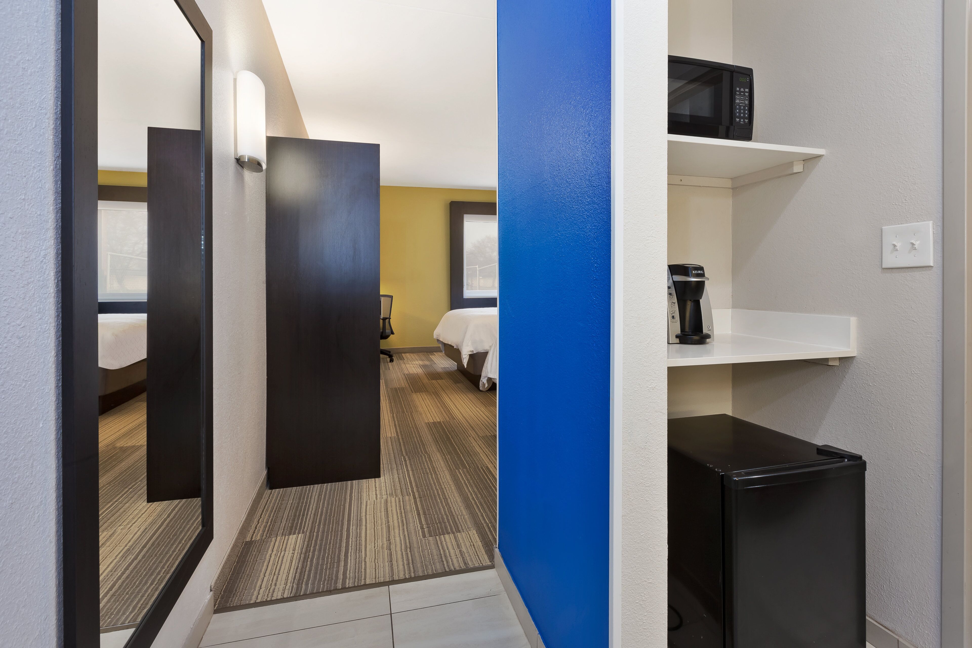 1 bedroom, desk, blackout curtains, iron/ironing board