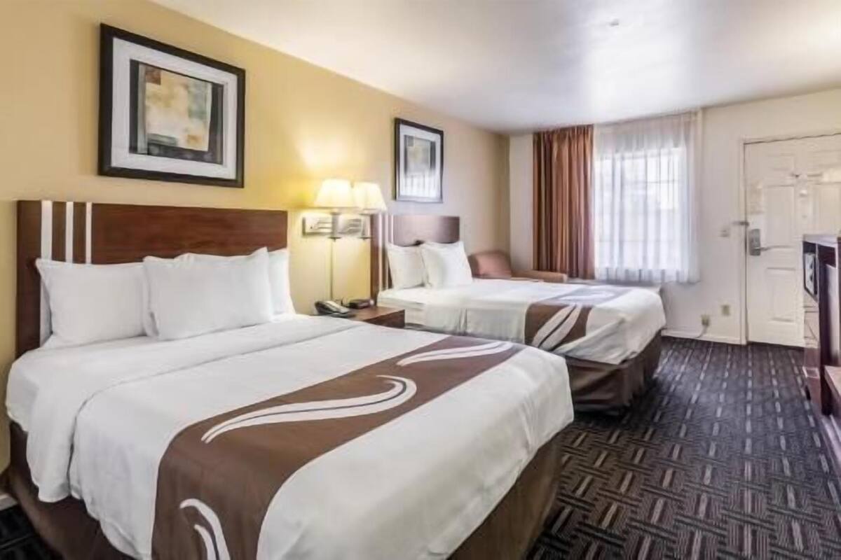 A hotel room with two beds, a nightstand, a lamp, a framed picture on the wall, and a door.