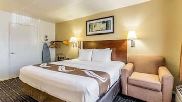 Habitación de hotel con una cama grande, una silla, perchero y dos lámparas fijadas a la pared.