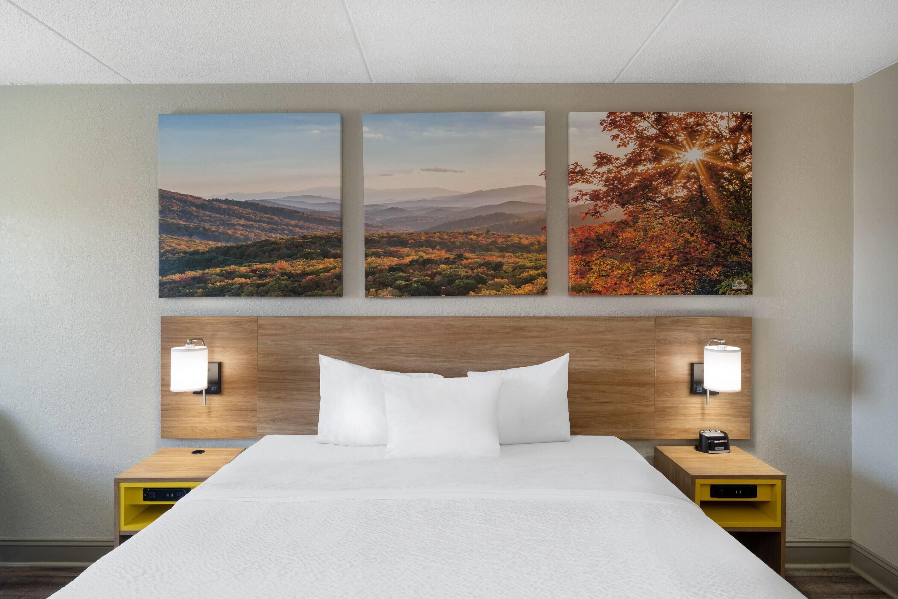 Une chambre d’hôtel avec un grand lit, deux tables de chevet avec des lampes, une tête de lit en bois et trois tableaux représentant des paysages, encadrés et accrochés au mur.