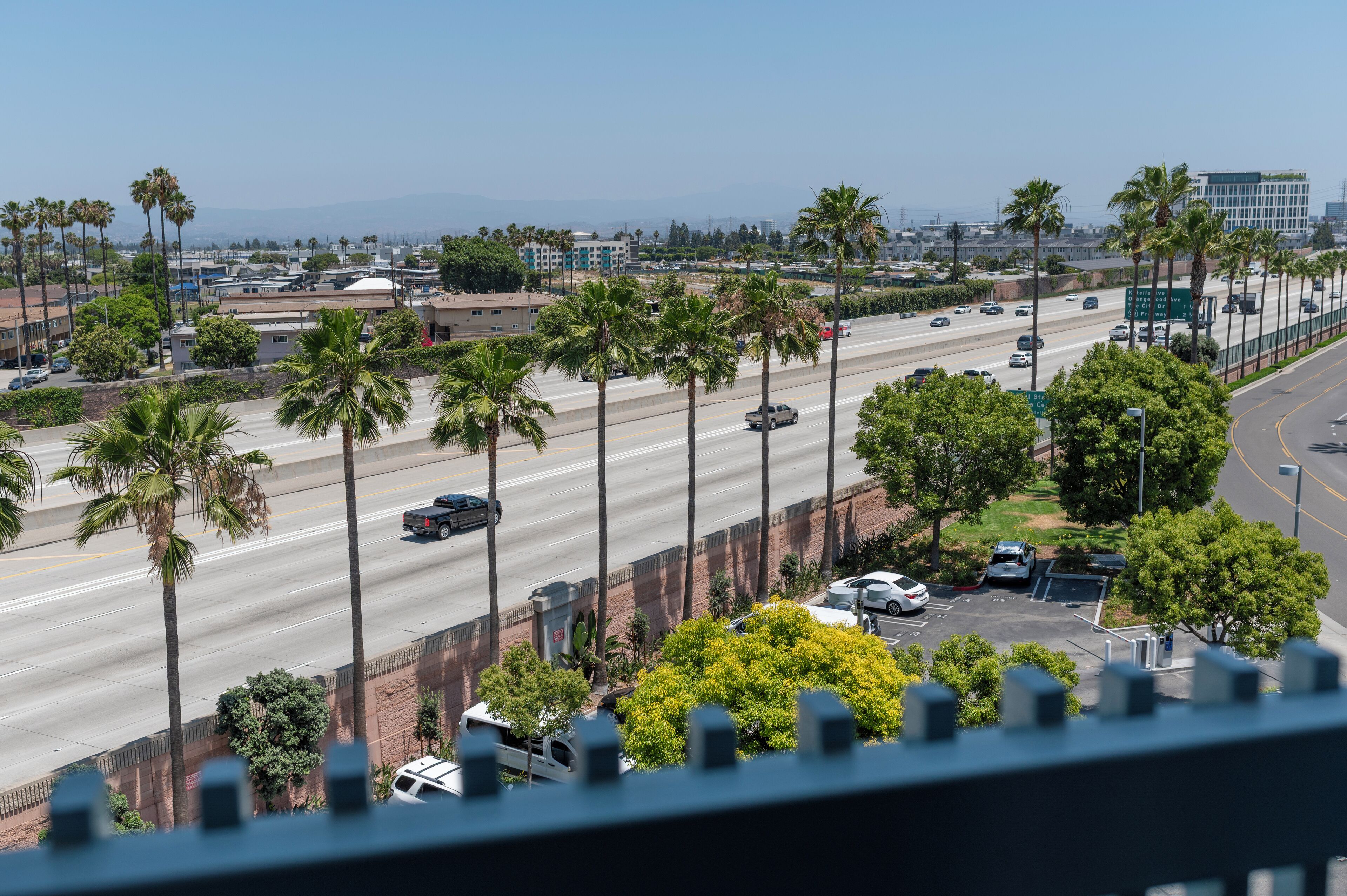 A highway with palm trees and buildings in the background.