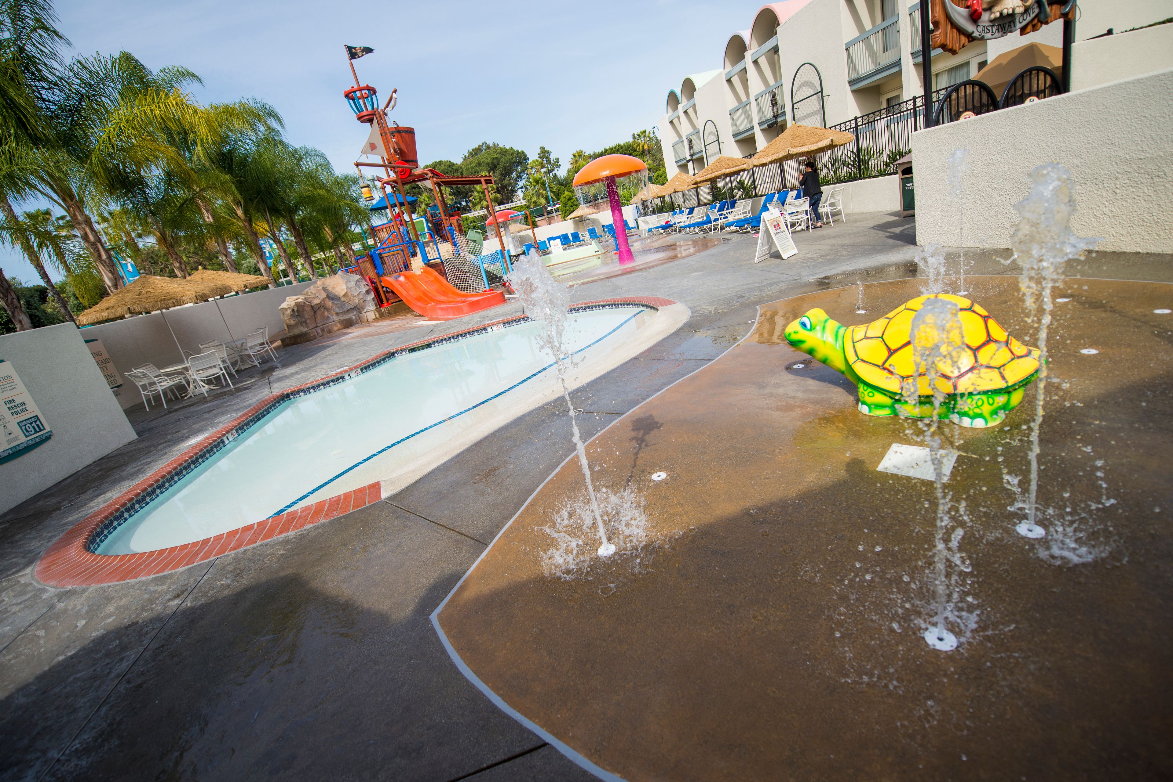 A water park area with a pool, a water slide, and a turtle-shaped water feature.