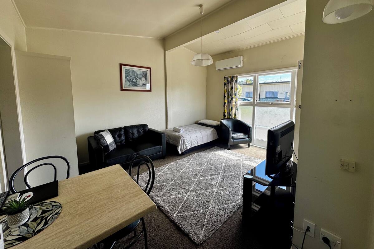 A compact living space with a sofa, a small bed, a dining table, and a TV.
