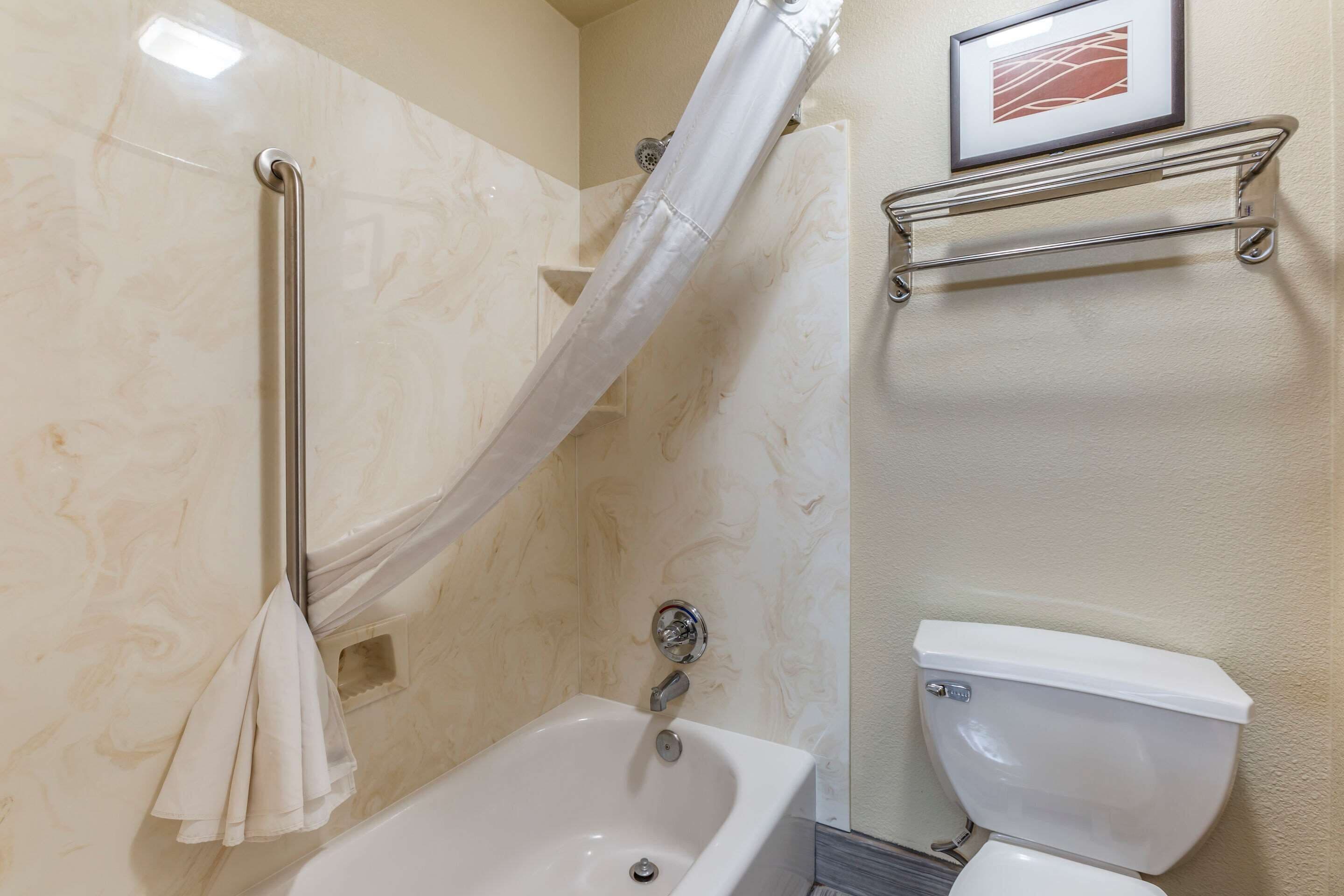 A bathroom with a bathtub, a shower curtain, a towel rack, a toilet, and a framed picture on the wall.