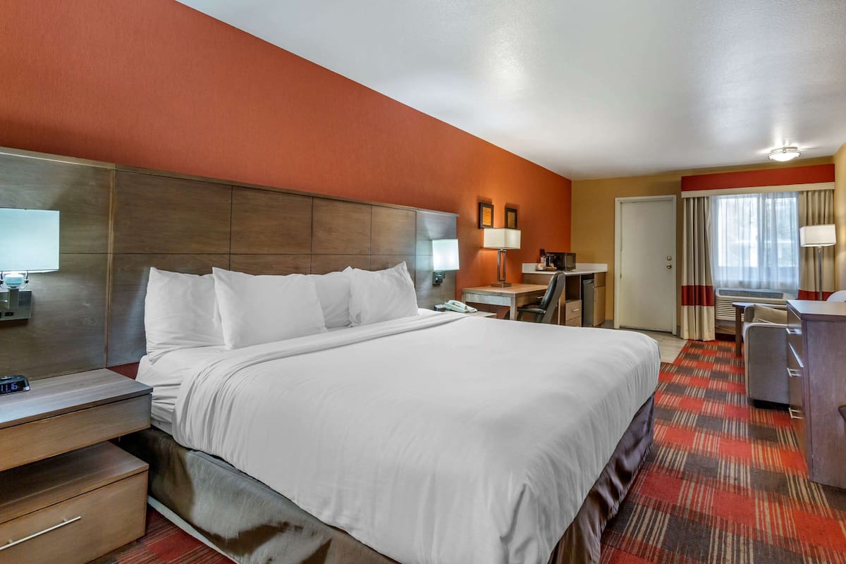 A hotel room with a large bed, a desk, a chair, a lamp, and a window with curtains.
