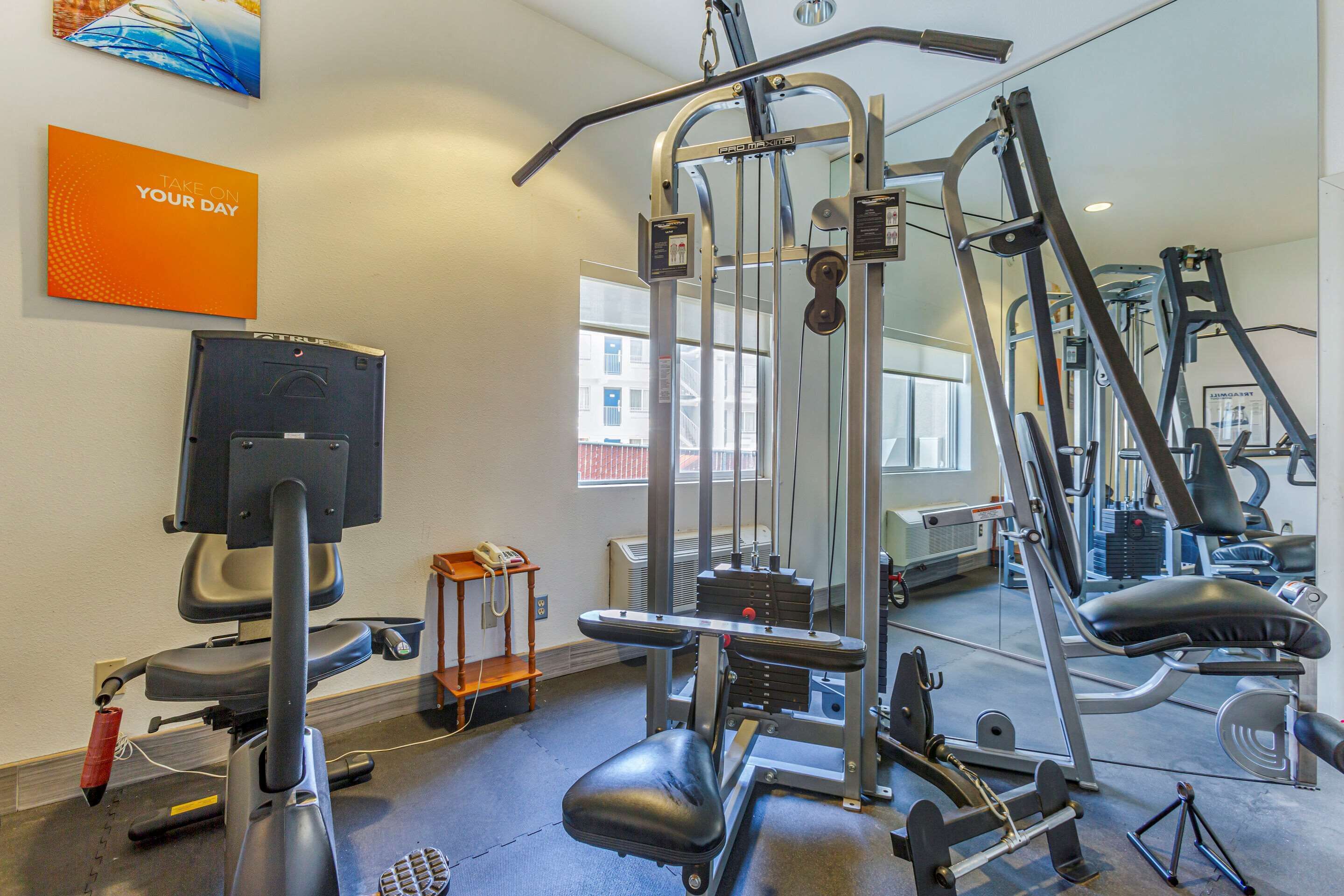 A gym with various exercise equipment, a treadmill, and a mirror.