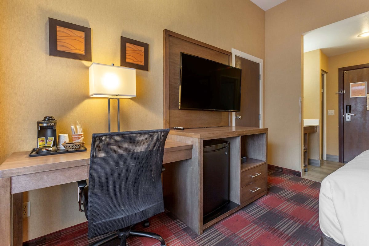 A hotel room with a desk, chair, television, and a bed.