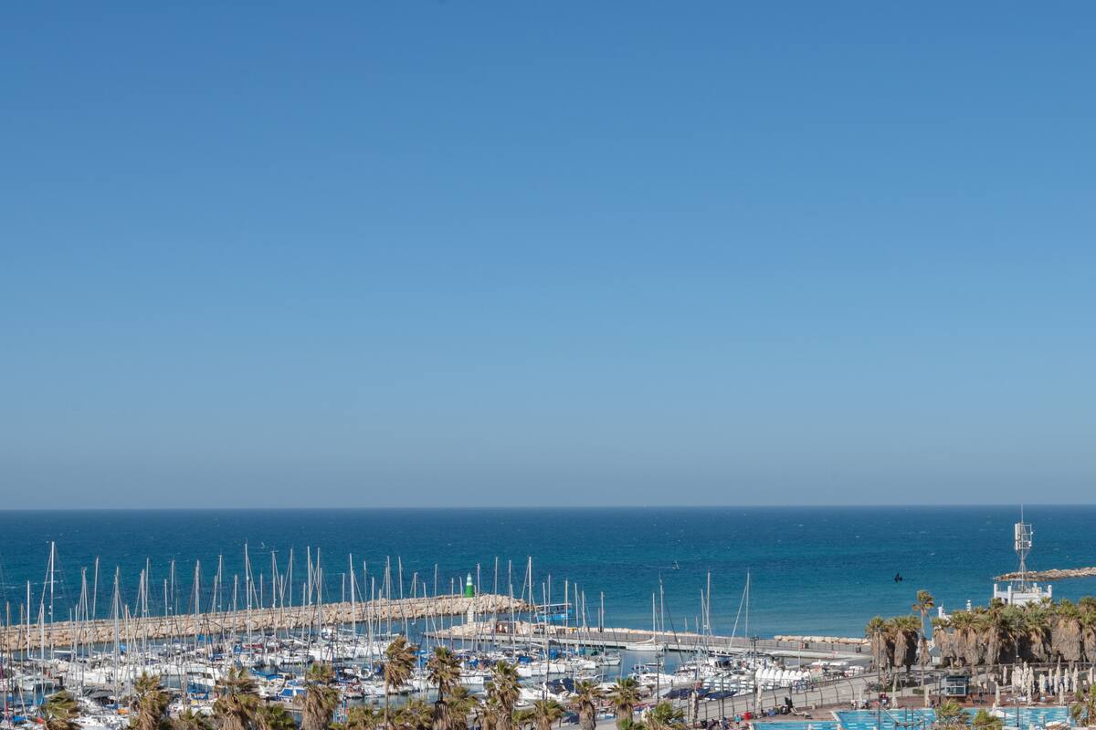 A marina with numerous boats docked, a clear blue sky, and a view of the sea.