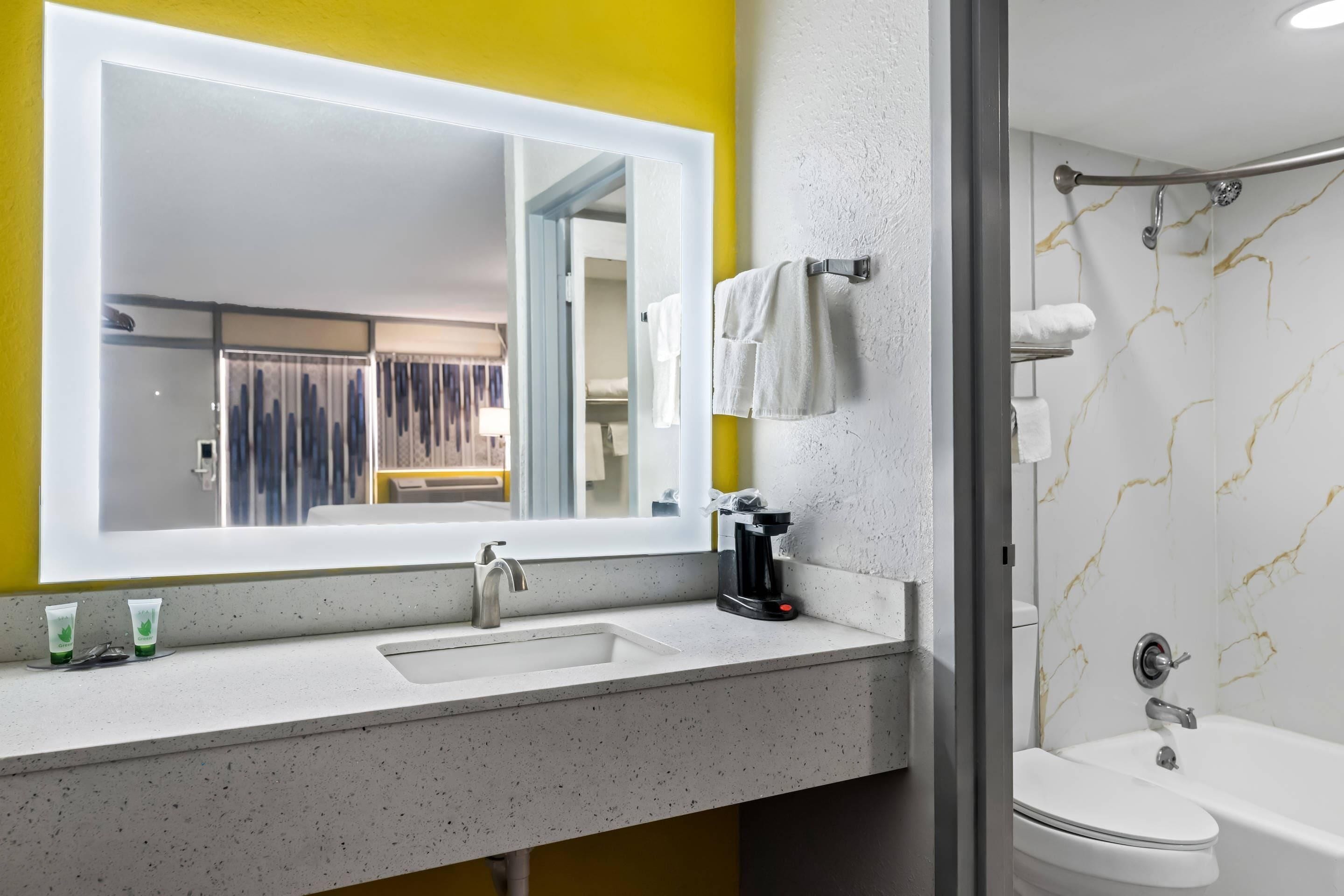 A bathroom with a white sink, a coffee maker, a mirror, and a shower area.