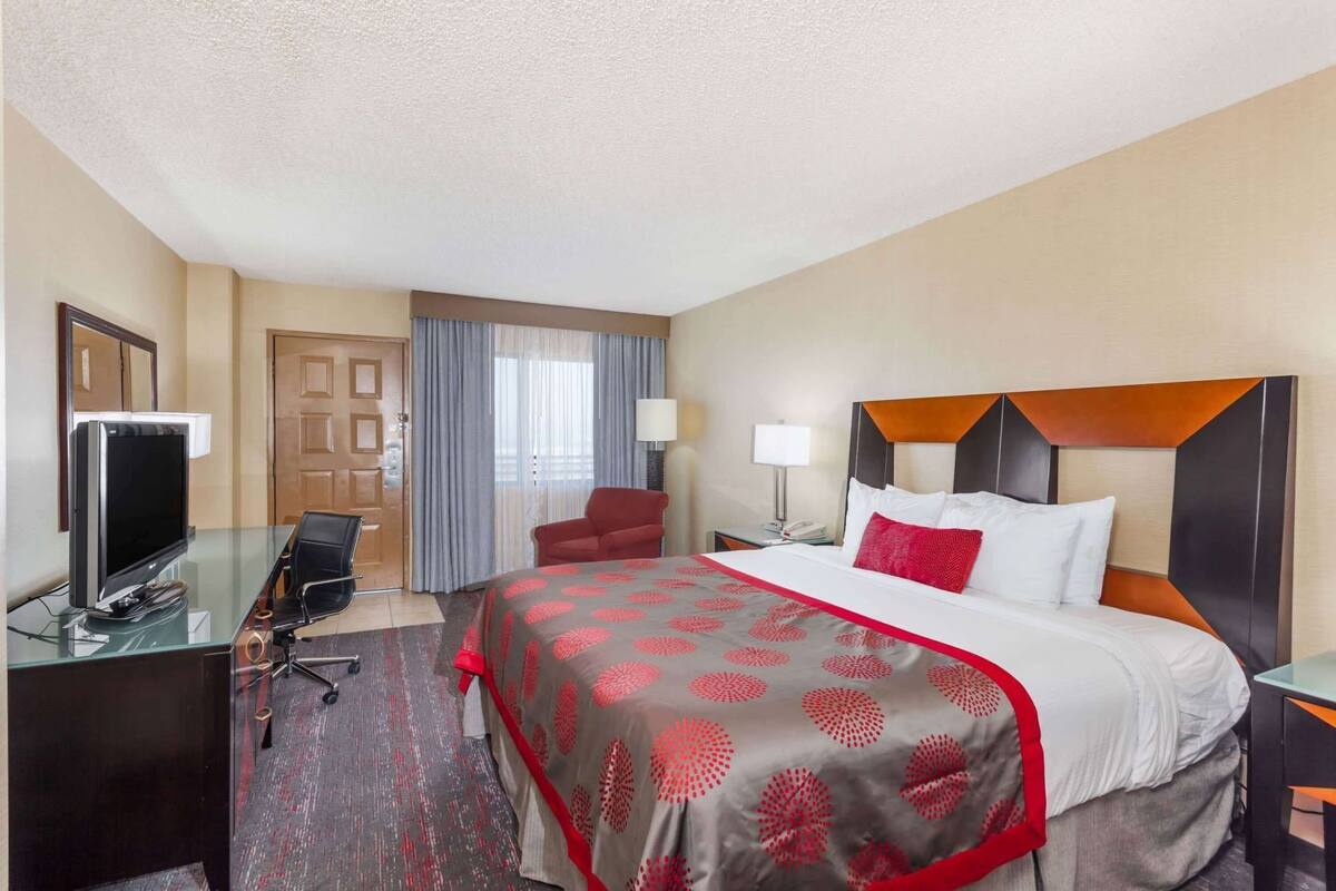 A hotel room with a bed, desk, chair, television, and curtains.
