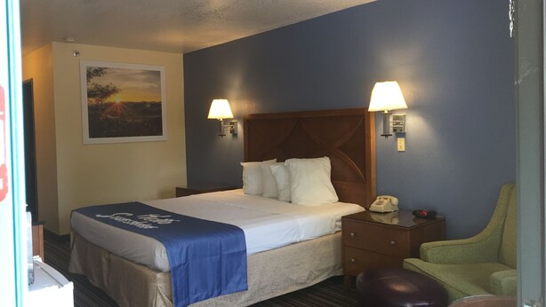Een hotelkamer met een bed, twee bedlampen, een nachtkastje, een stoel en een schilderij aan de muur.