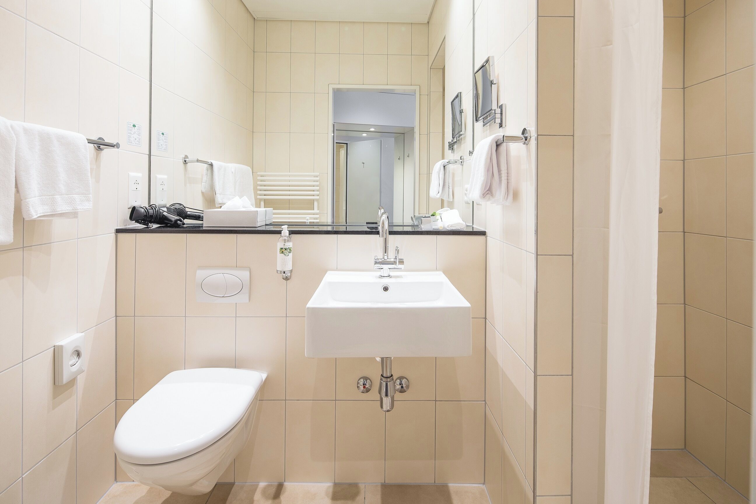economy single room | bathroom | designer toiletries, hair dryer, towels
