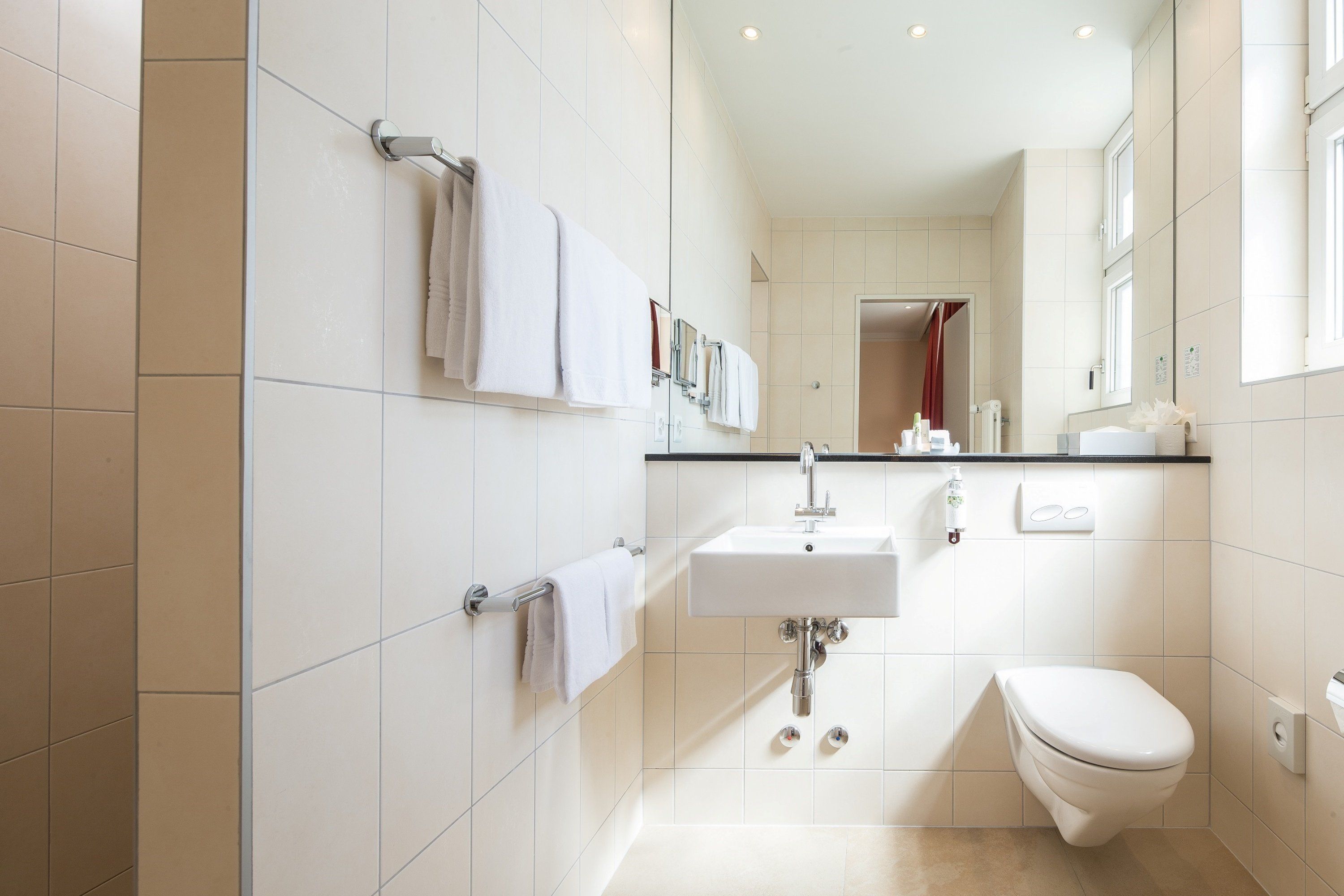 designer toiletries, hair dryer, towels