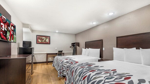 A hotel room with a long bed, a desk, a chair, a television, and a framed picture on the wall. - Red Roof Inn North Dallas - Park Central (Dallas)