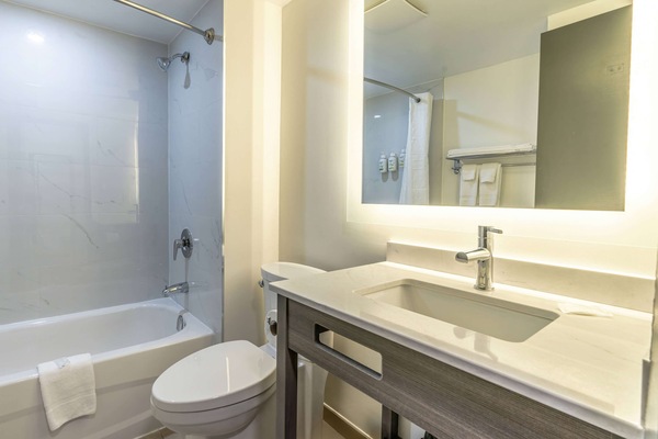 Combined shower/tub, rainfall showerhead, eco-friendly toiletries
