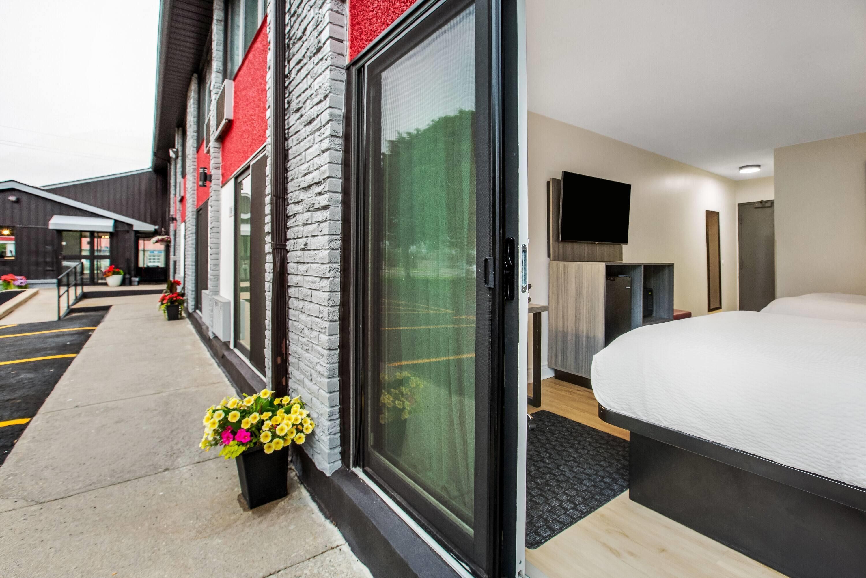 Habitación de hotel con una cama grande, televisión y puerta corrediza de vidrio que da a un balcón con flores.