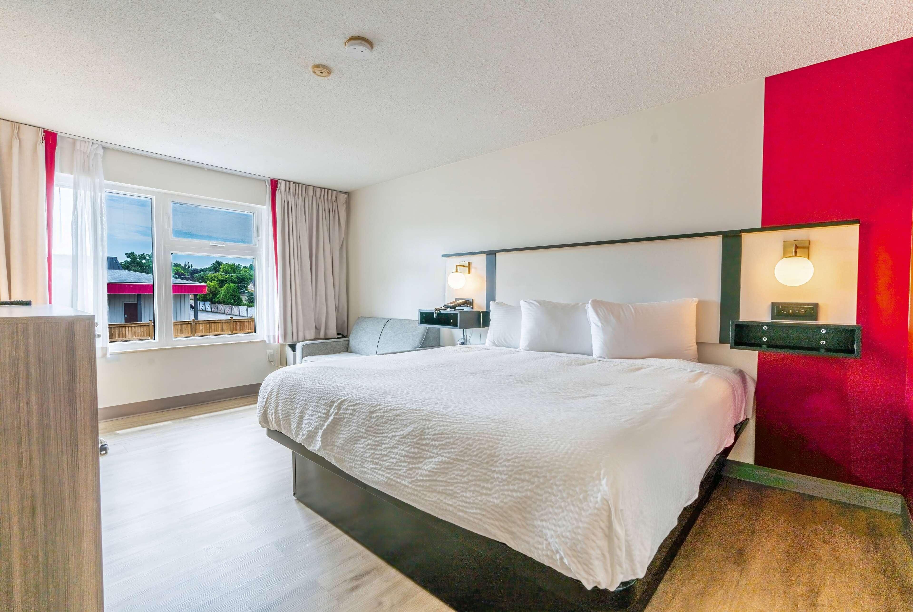 A hotel room with a bed, bedside tables, a nightstand, a window with curtains, and a red accent wall.