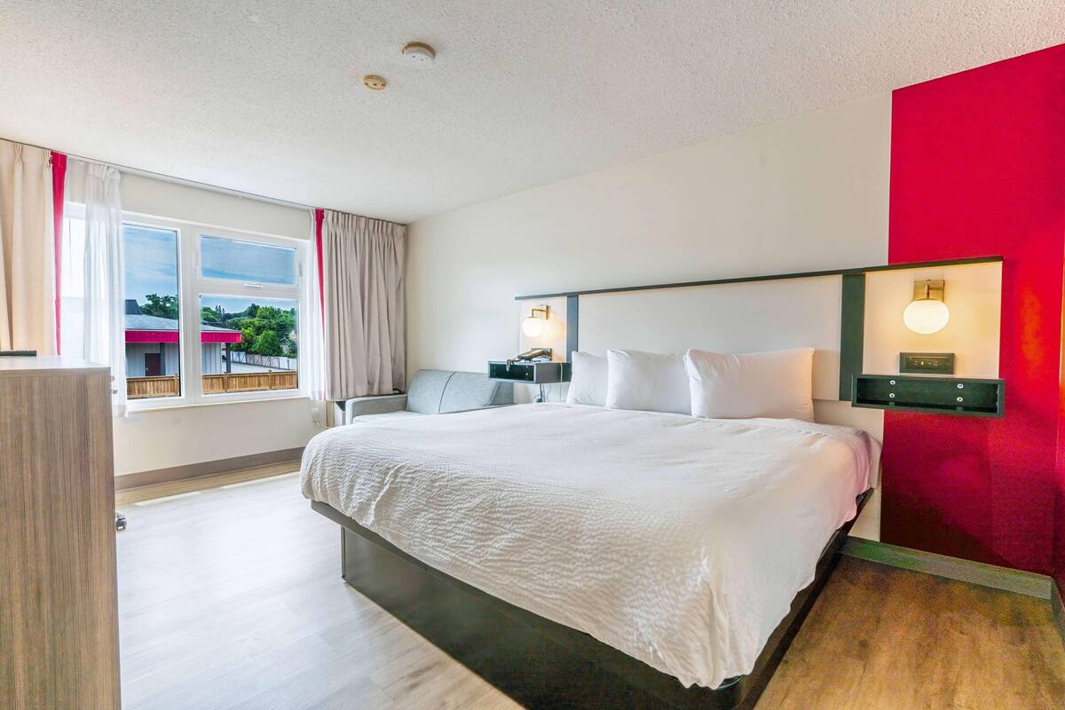 A hotel room with a bed, bedside tables, a nightstand, a window with curtains, and a red accent wall.
