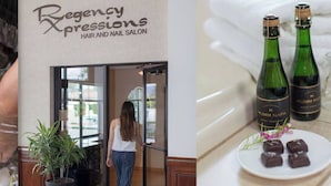 A hair and nail salon sign, a person entering the salon, and bottles of Mumm Napa wine. - Red Lion Hotel Rogue Regency Medford Airport (Medford)