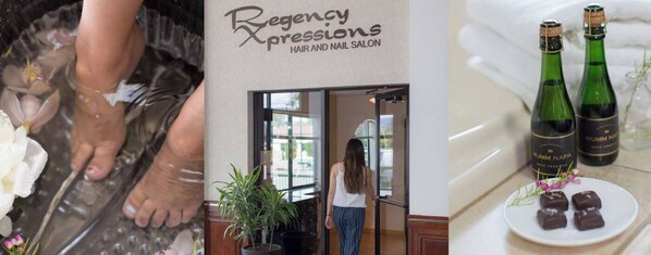 A hair and nail salon sign, a person entering the salon, and bottles of Mumm Napa wine. - Red Lion Hotel Rogue Regency Medford Airport (Medford)