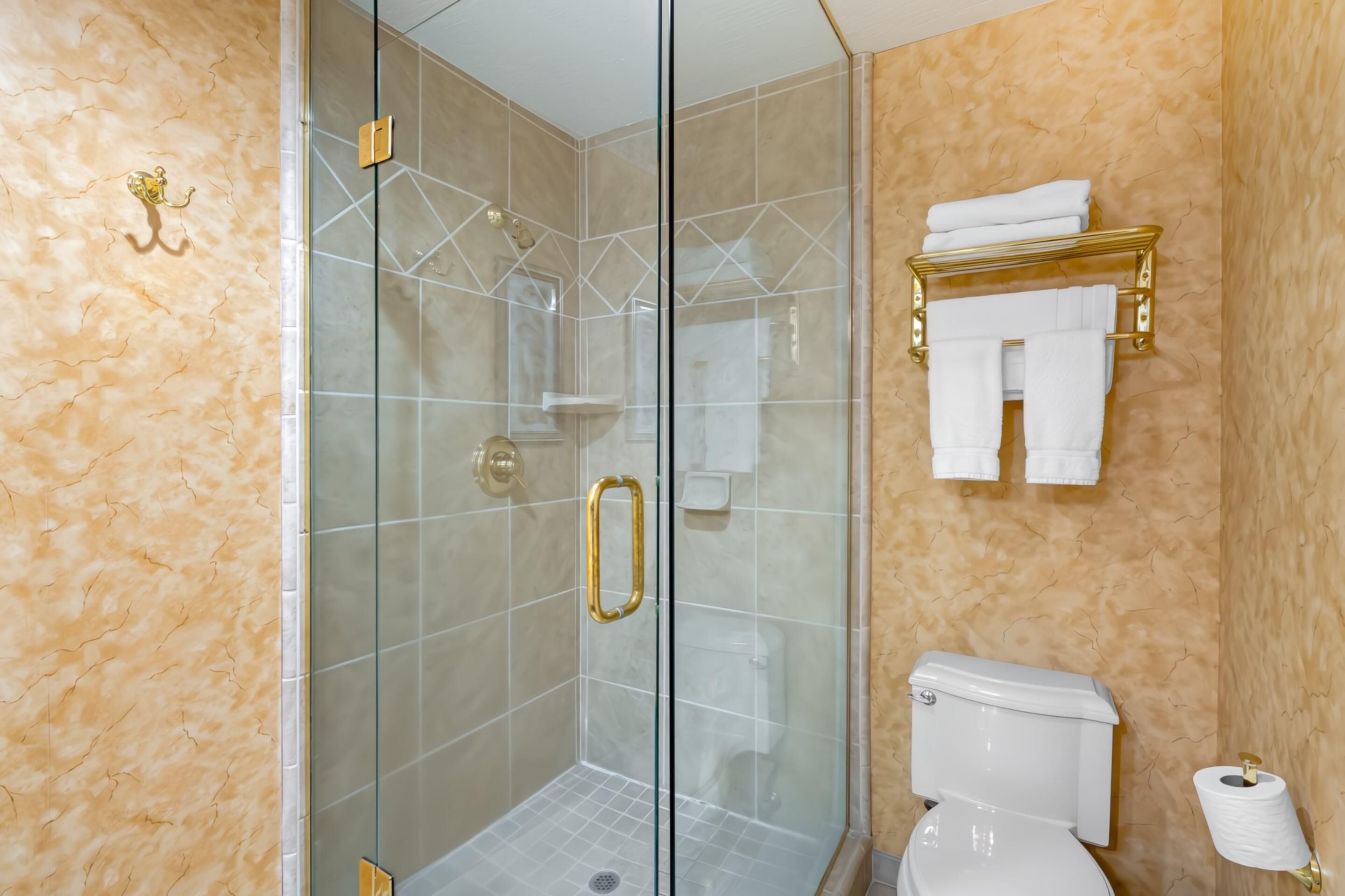 A bathroom with a glass-enclosed shower, a toilet, and a towel rack.