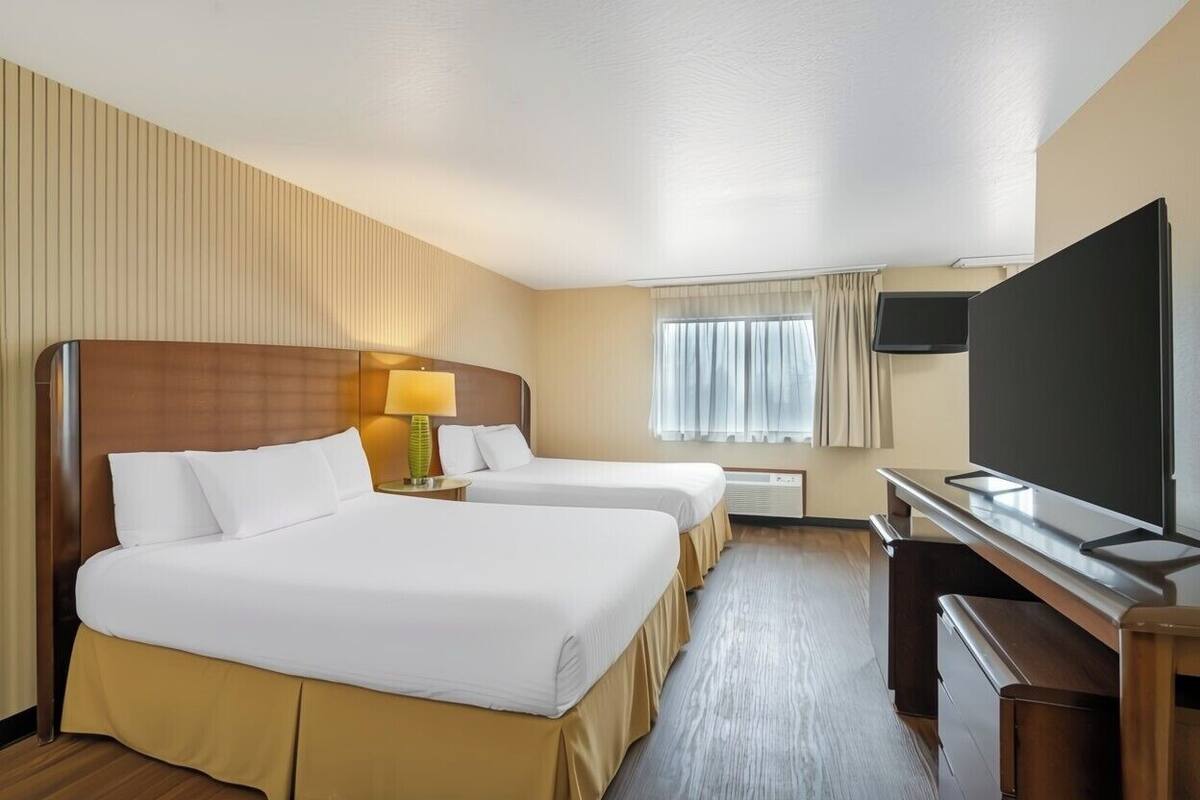Ein Hotelzimmer mit zwei Betten, einem Schreibtisch, einem Flachbildfernseher, einer Lampe und einem fenster mit Vorhängen.