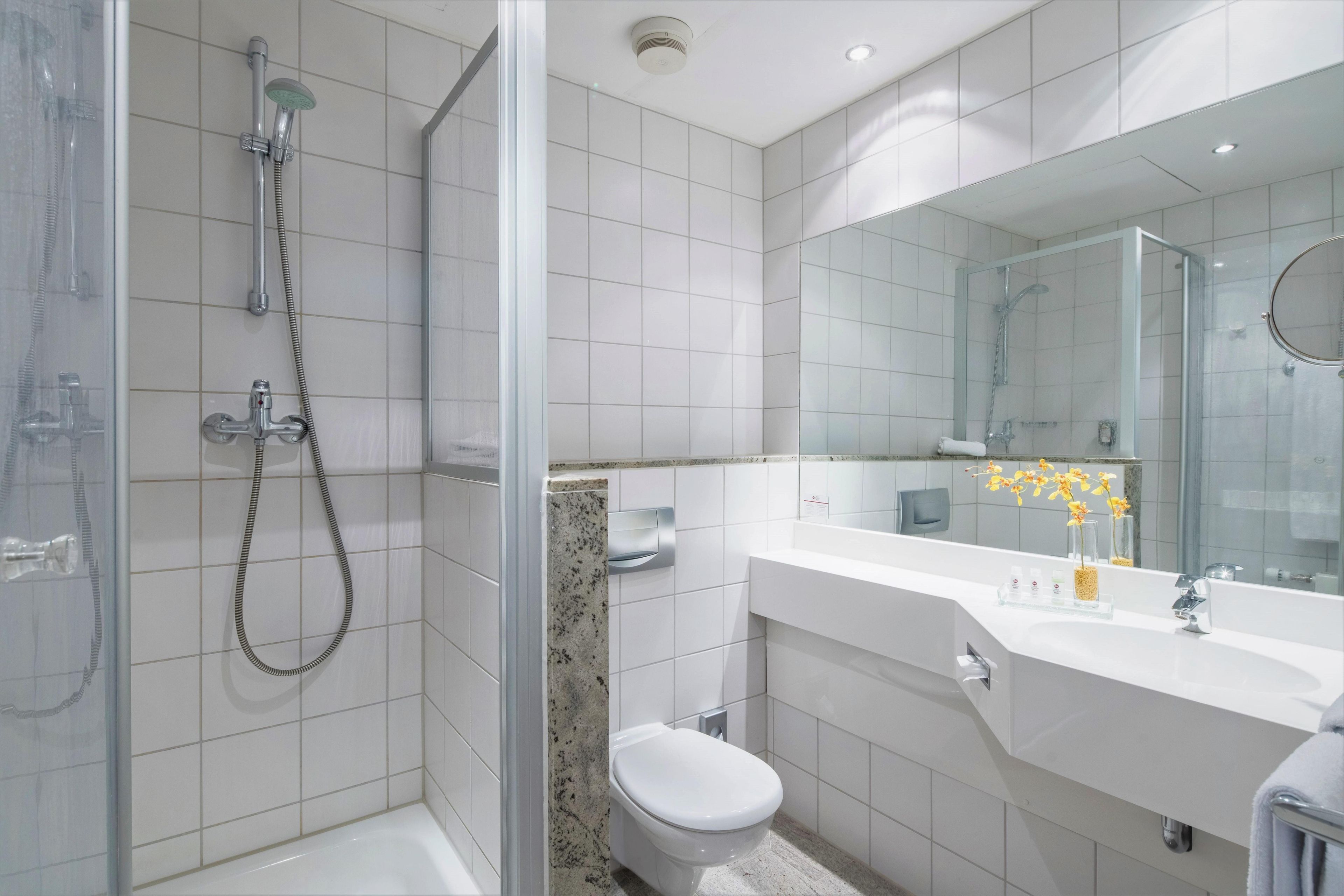 A modern bathroom with a glass-enclosed shower, a white toilet, and a vanity with a mirror.