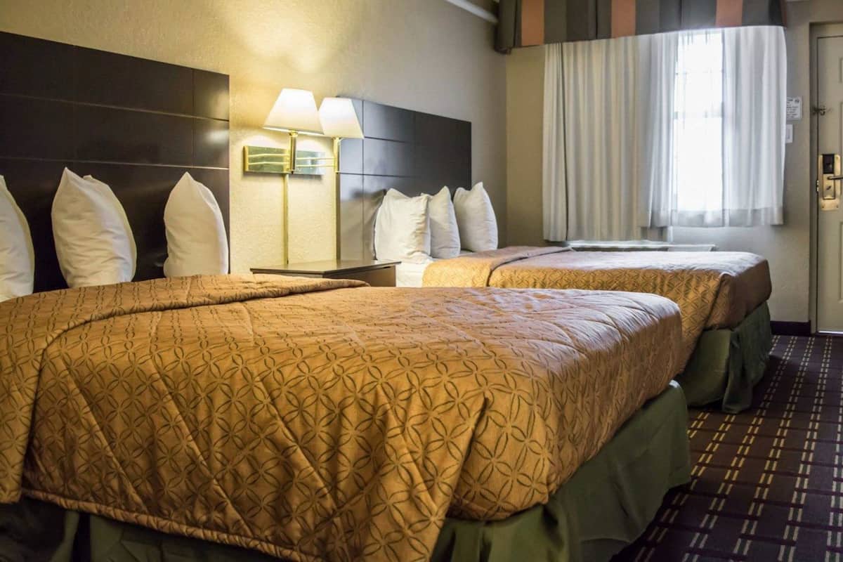A hotel room with two beds, a headboard, a nightstand, a lamp, and a window with curtains.