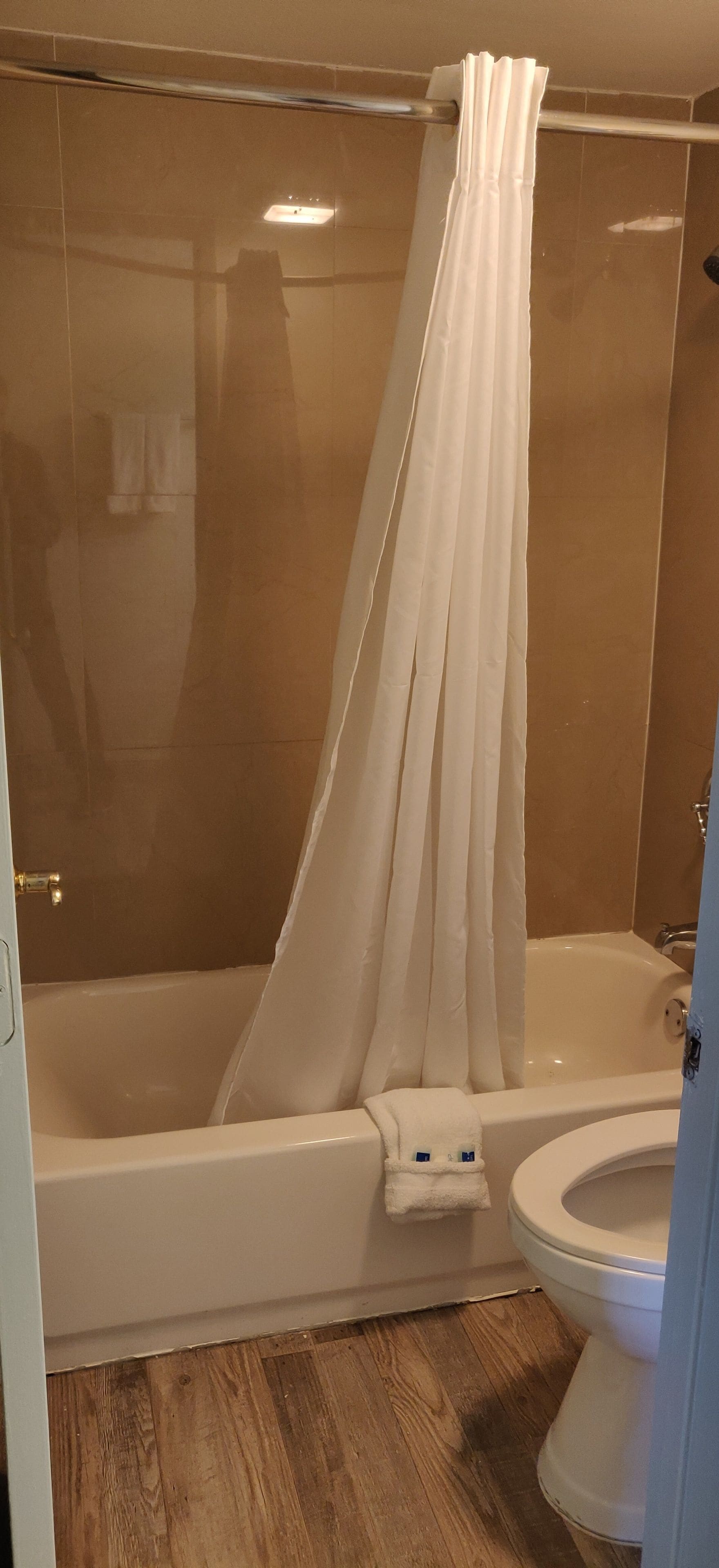 Bañera con ducha, secador de pelo, toallas