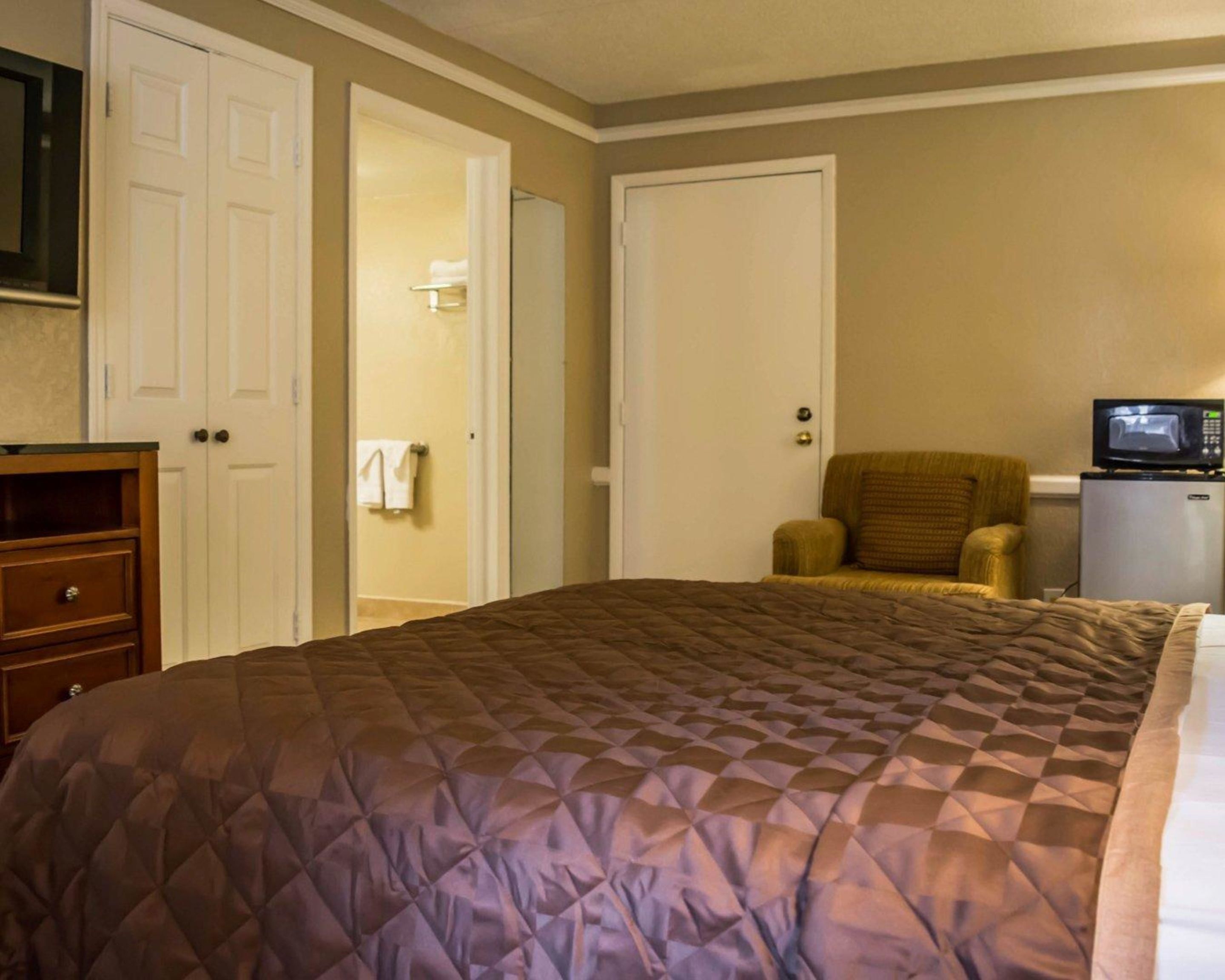 A hotel room with a large bed, a chair, a microwave, and a refrigerator.