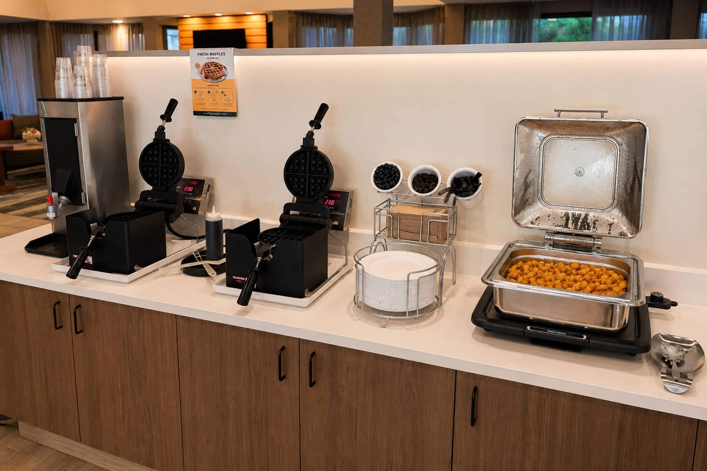 Un coin petit-déjeuner équipé d’appareils à gaufres, de machines à café et d’un récipient de céréales.