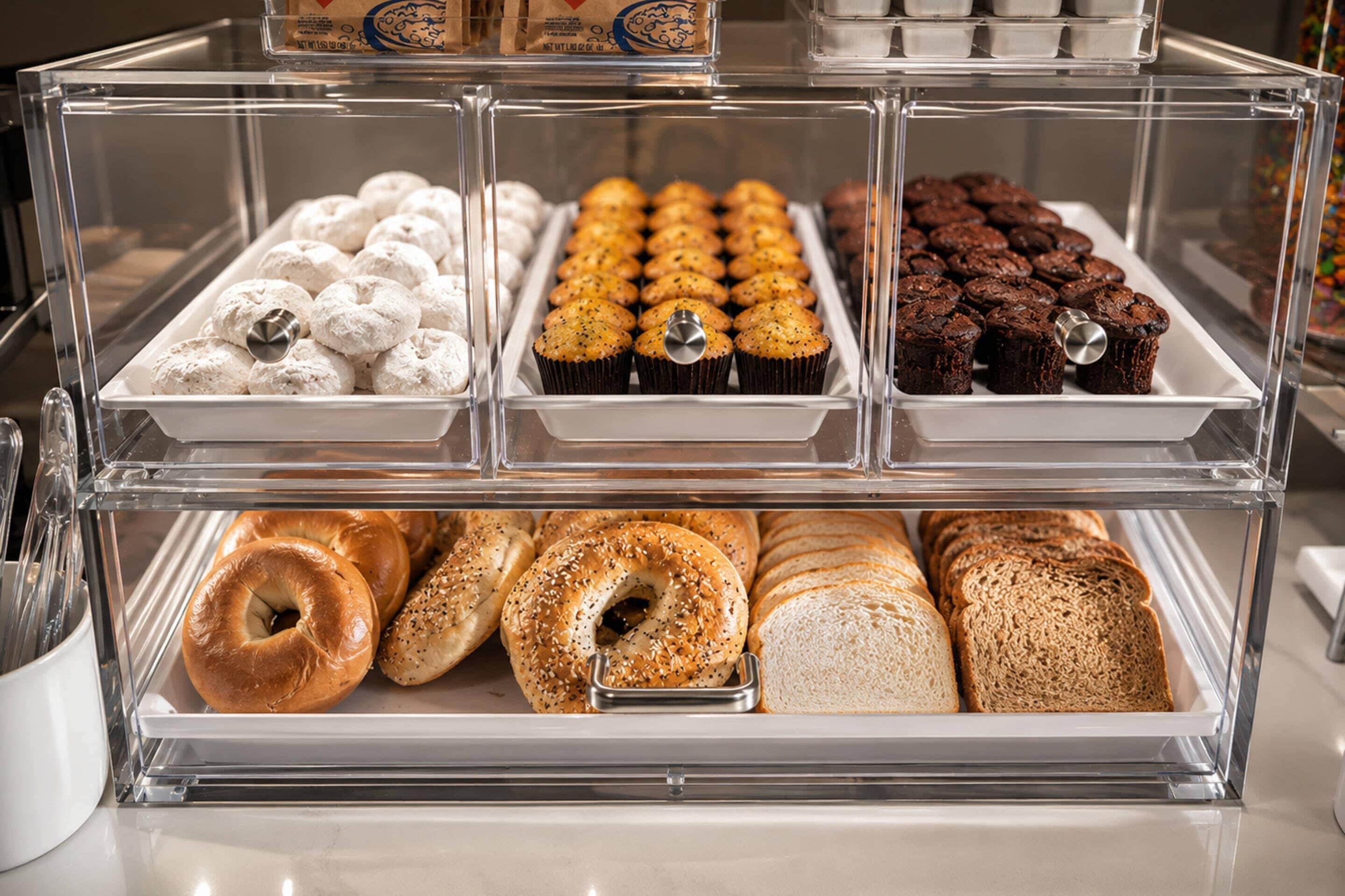 A bakery display case with various baked goods including pastries, muffins, and bagels.